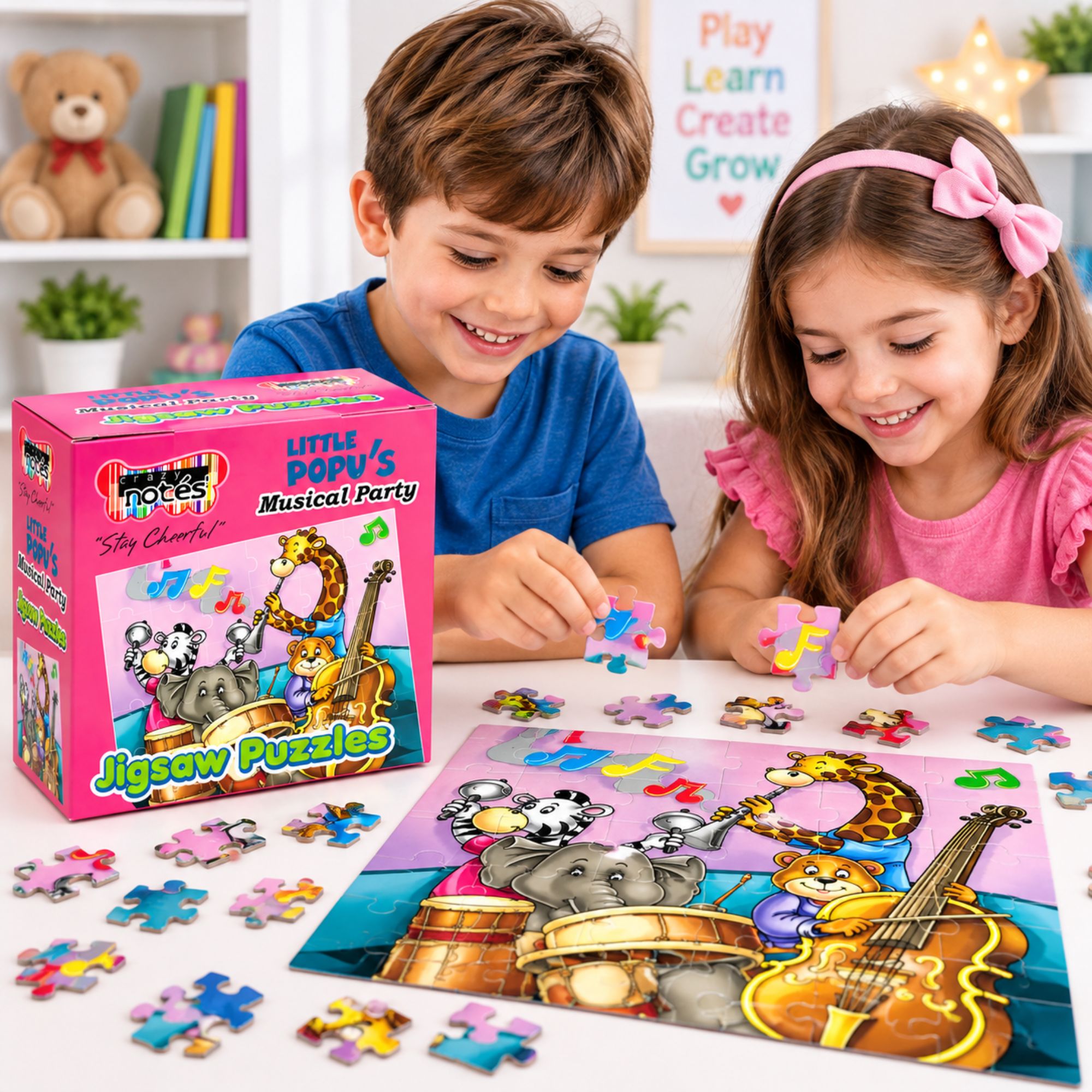 A boy and a girl are happily assembling a colorful jigsaw puzzle about a musical party, with the pink product box standing beside them on a white table. The scene is brightly lit and set in a tidy, playful room.