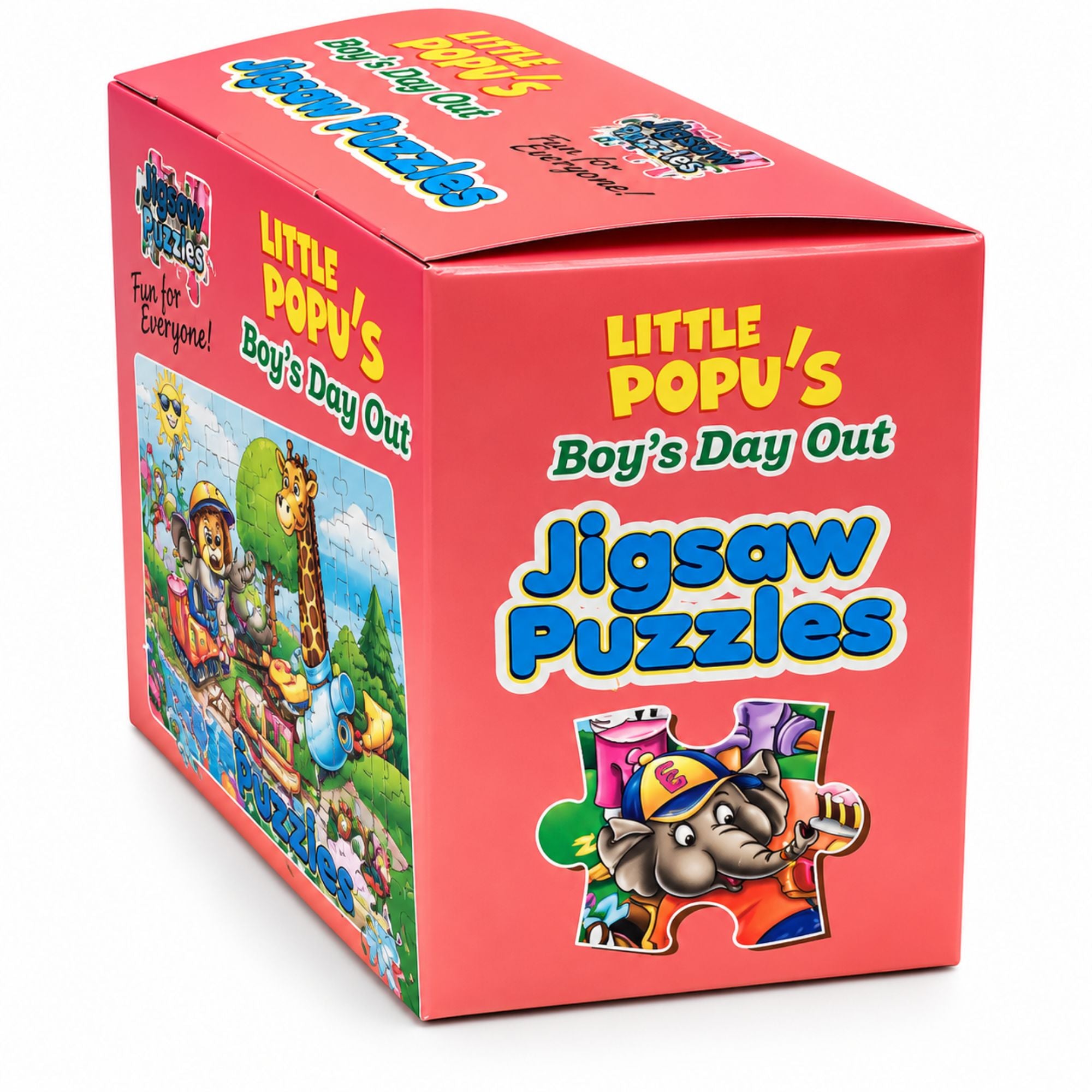 A red cardboard box for Little Popu's Boy's Day Out Jigsaw Puzzles, featuring colorful cartoon illustrations and product branding on a white background.