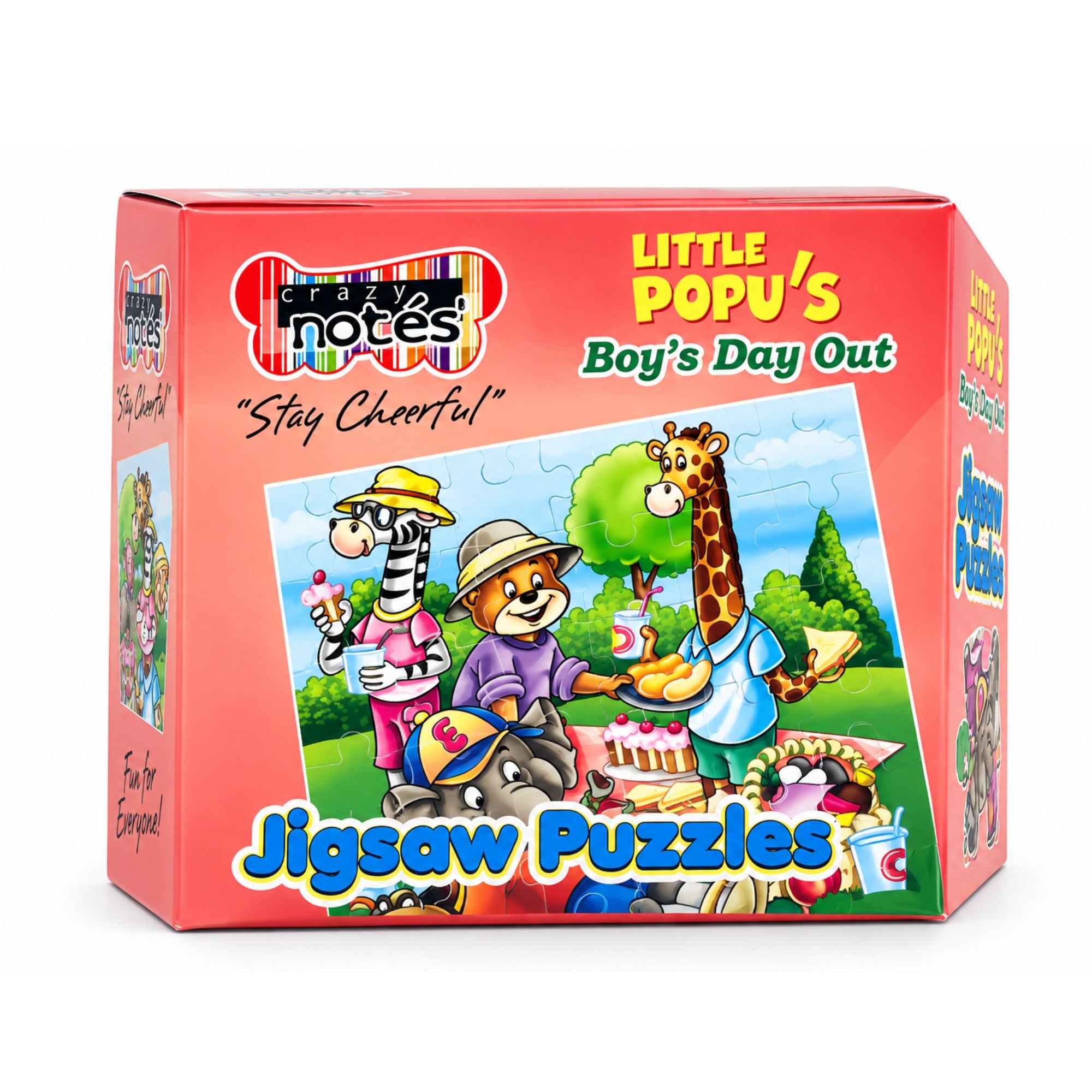 A boxed children's jigsaw puzzle set titled "Little Popu's Boy's Day Out" by Notes. The red-orange box features a colorful cartoon scene with animals having a picnic, and the text "Jigsaw Puzzles" at the bottom.