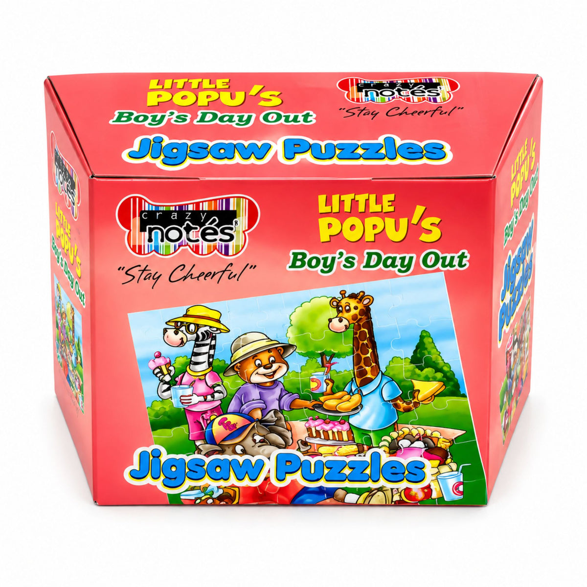A red cardboard puzzle box for 'Little Popo's Boy's Day Out Jigsaw Puzzles' by Puzzle Notes, featuring colorful cartoon animal illustrations on the front.