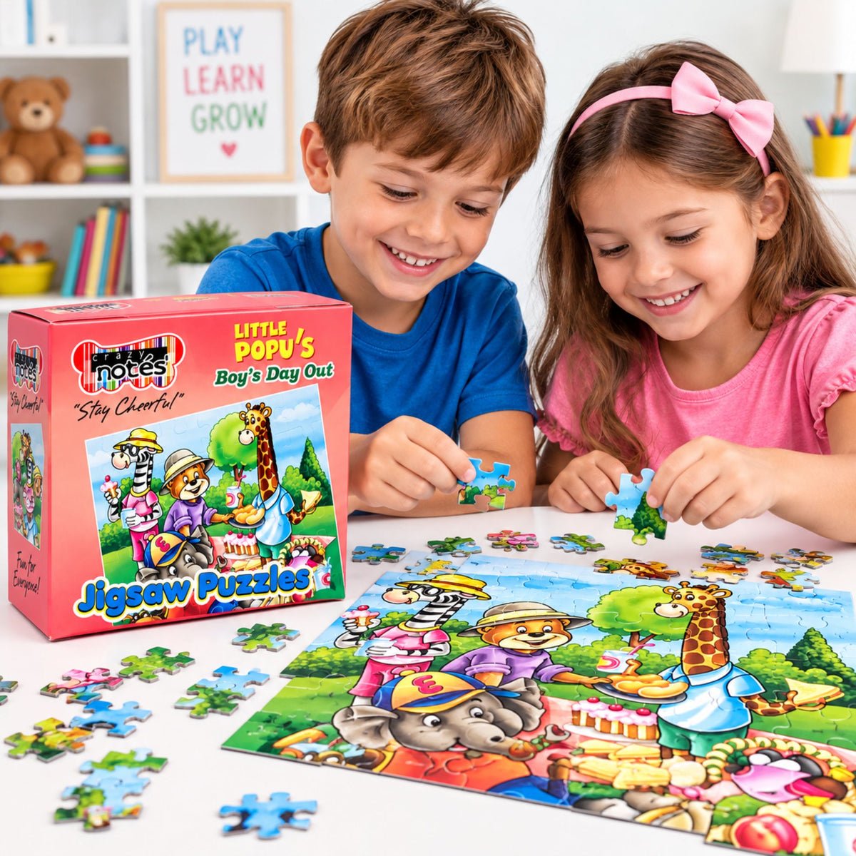 A children's jigsaw puzzle set being played with by two kids at a table. The scene shows the colorful puzzle box, loose puzzle pieces, and a partially assembled cartoon animal puzzle on a white tabletop in a bright indoor room.