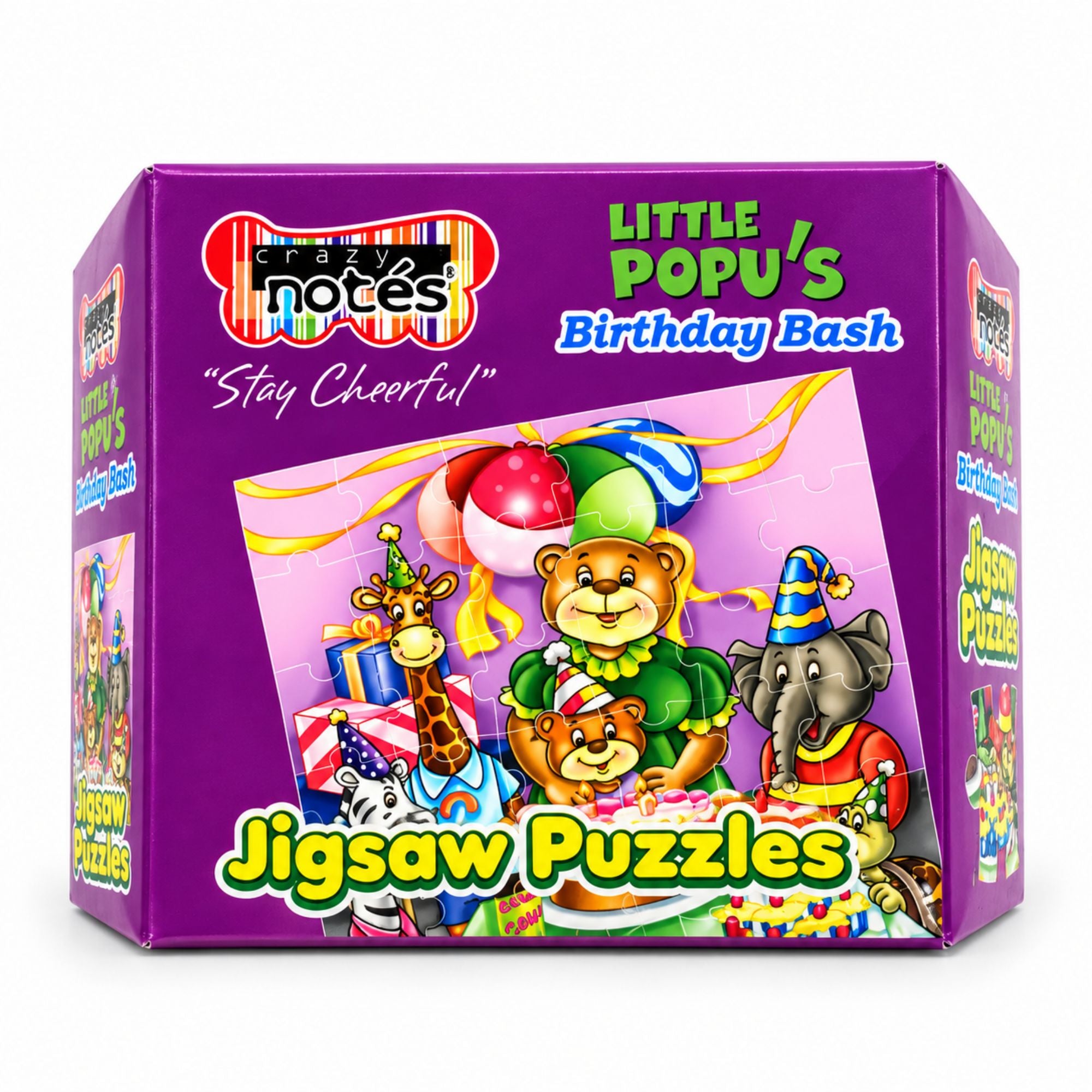 A purple box of 'Little Popu's Birthday Bash' jigsaw puzzles by Notes, featuring colorful cartoon animal illustrations on the front and side panels.