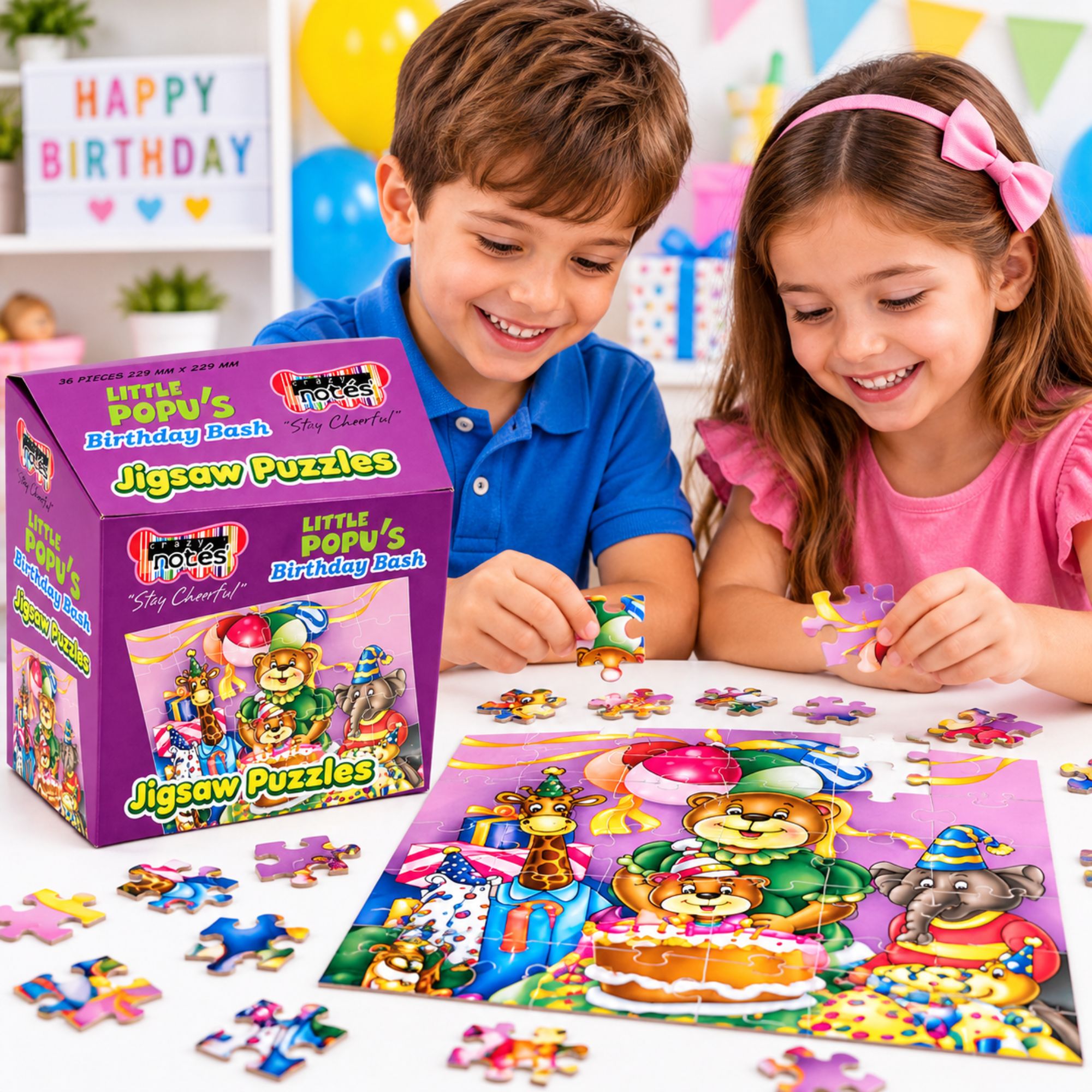 Two children assembling colorful jigsaw puzzles on a table, with the purple 'Little Baby's Birthday Bash' puzzle box visible beside them. The scene is brightly lit and decorated with balloons and party supplies in the background.