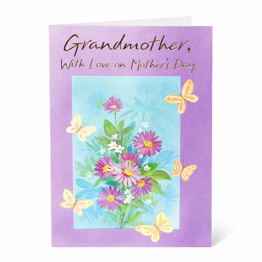 Purple floral Mother's Day greeting card for Grandmother with gold script and butterfly design