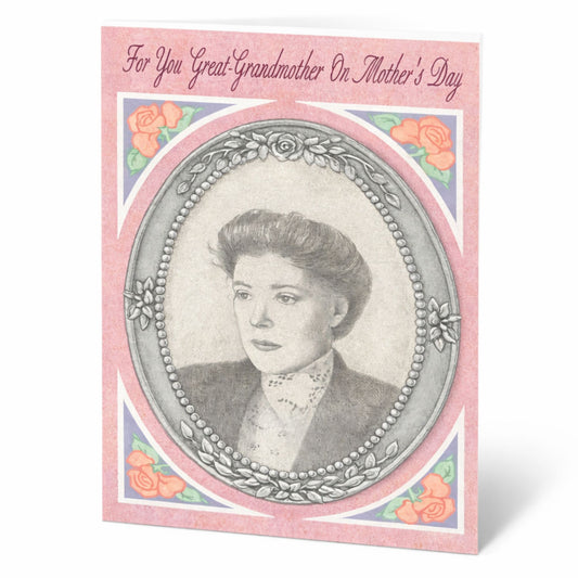 Pink vintage portrait Mother's Day greeting card for Great Grandmother with floral rose frame design and elegant script