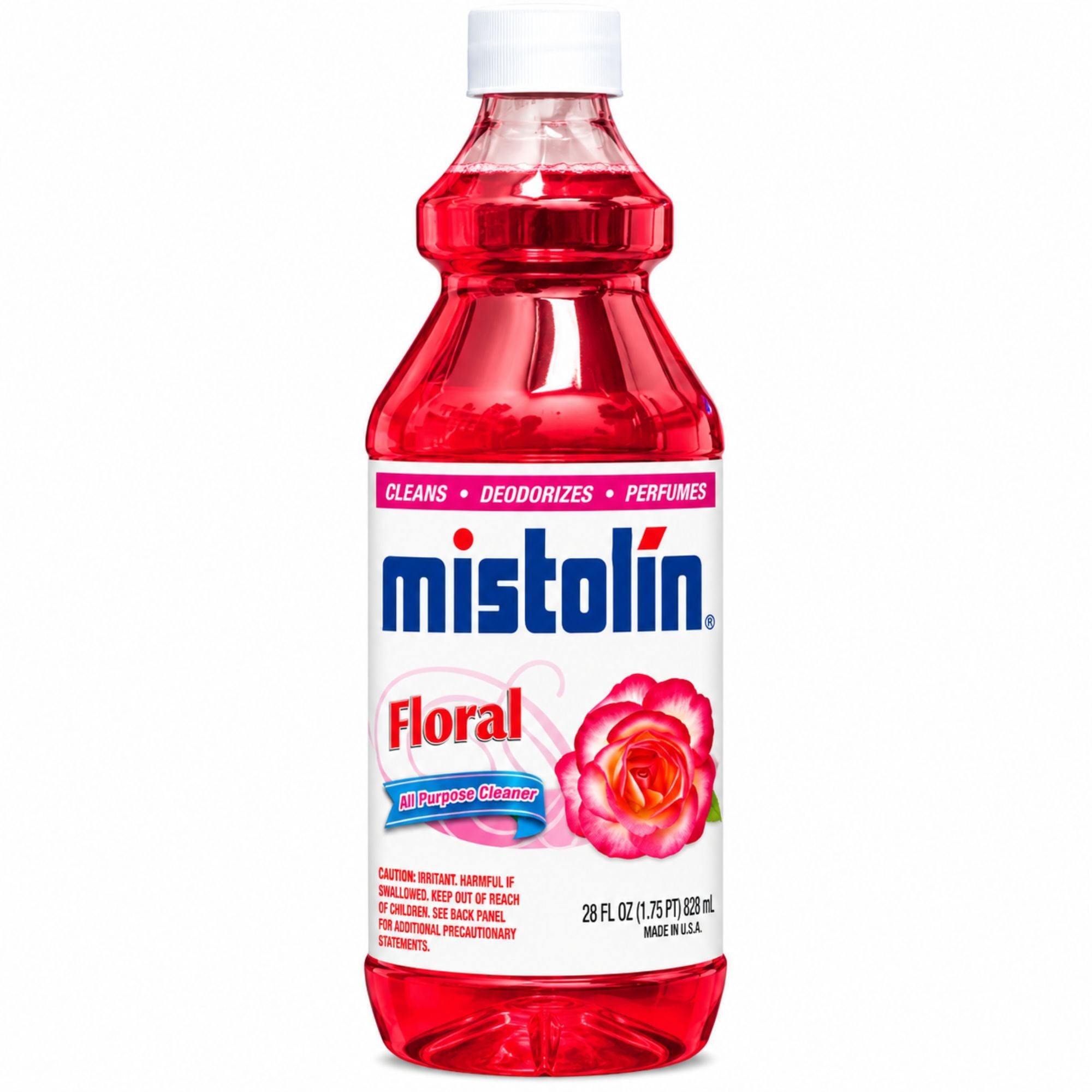 A bottle of Mistolin Floral Citrus Cleanse deodorizer and perfume cleaner, featuring a white cap, red liquid, and a white label with a pink rose graphic.