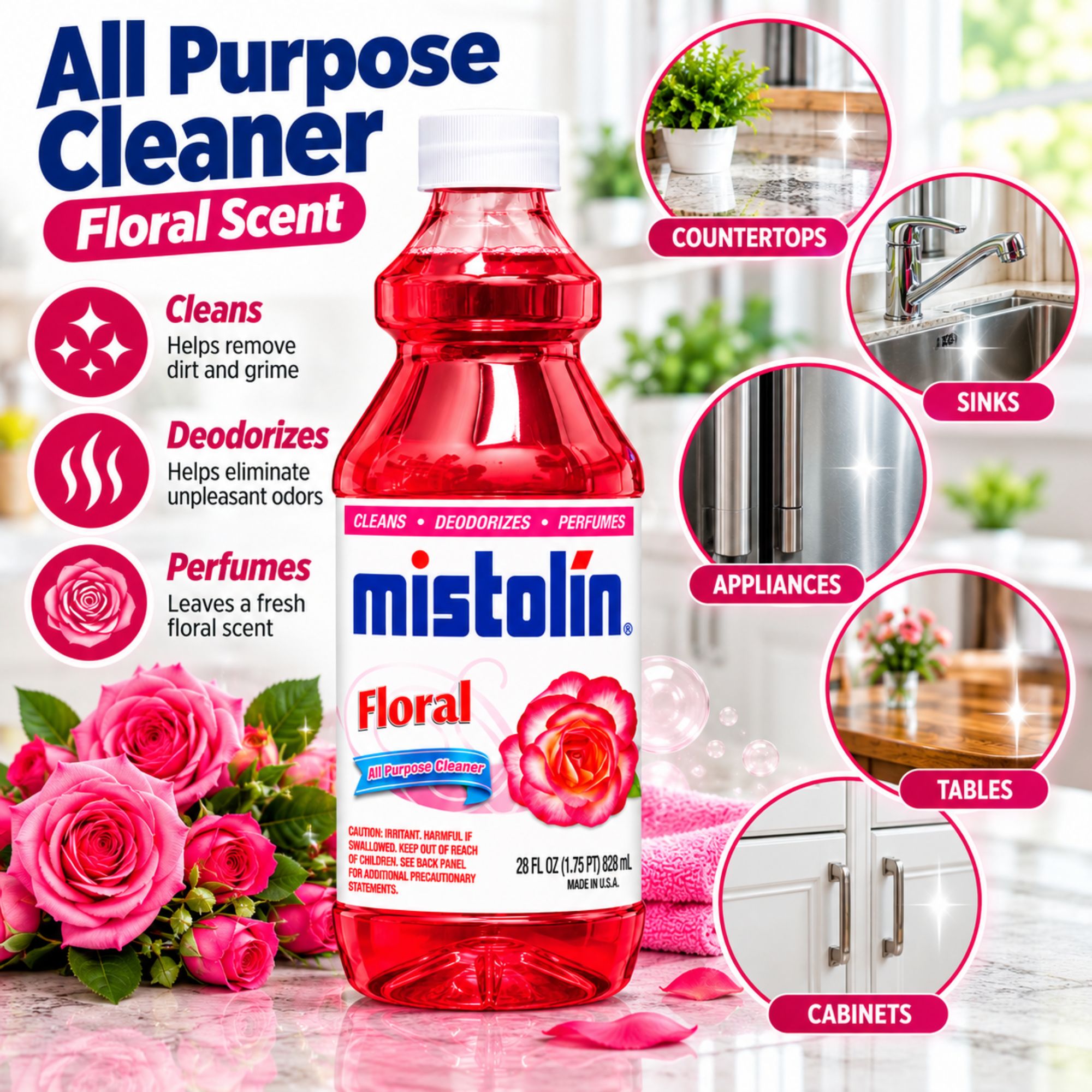 A bottle of Mistolin All Purpose Cleaner in Floral Scent, shown on a bright kitchen countertop with pink roses and surrounding benefit callouts for countertops, sinks, appliances, tables, and cabinets.