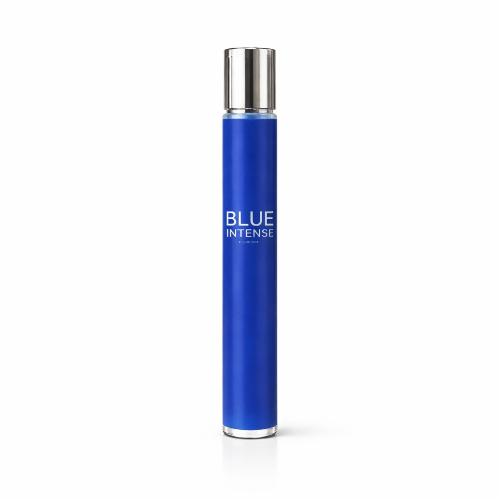 Blue perfume bottle with silver cap on a white background