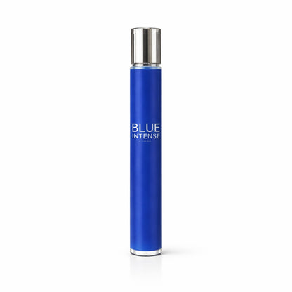 Blue perfume bottle with silver cap on a white background