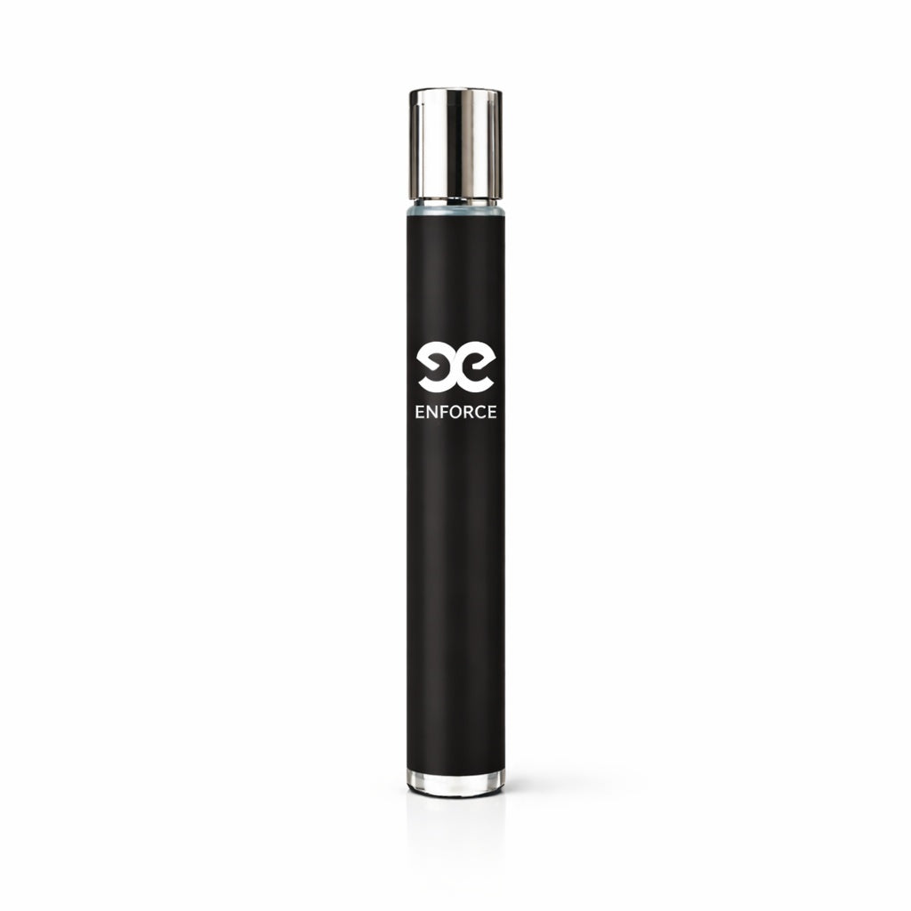 Black cylindrical product with silver cap on a white background, featuring 'ENFORCE' branding.