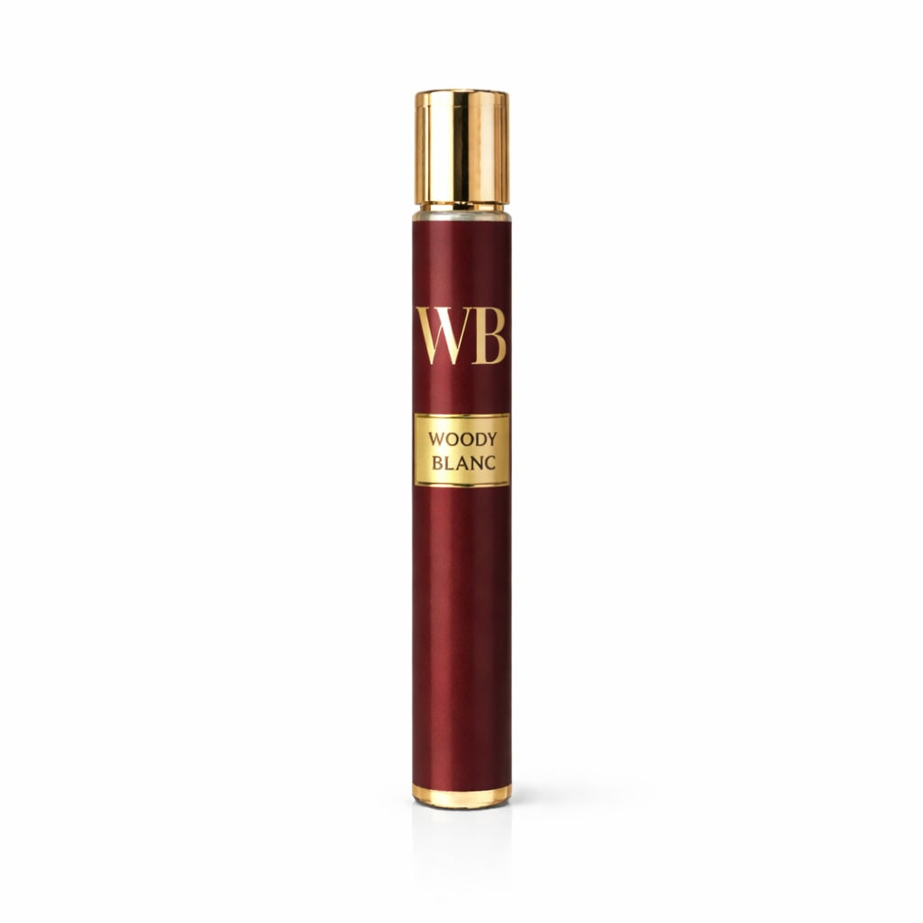 Red perfume bottle with gold cap and 'WB' branding on a white background