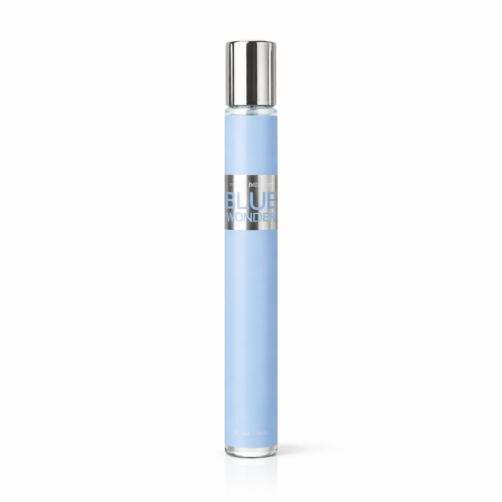 Blue perfume bottle with silver cap on a white background