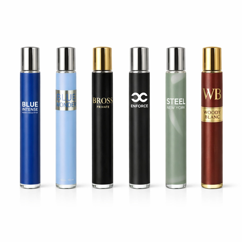 Set of six perfume bottles with different colored bodies and metallic caps on a white background.