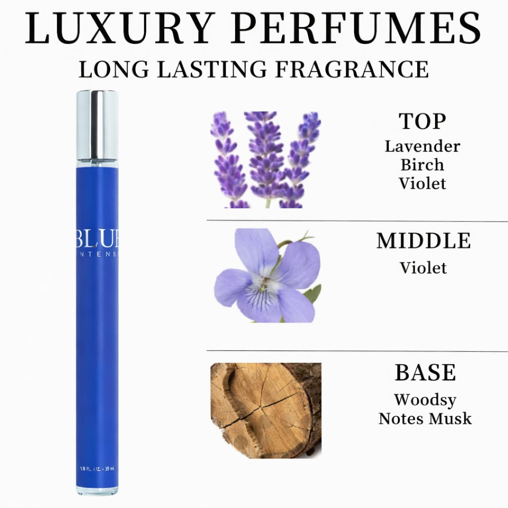 Blue perfume bottle with lavender, birch, and violet imagery on a white background