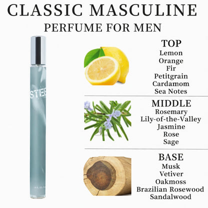 Perfume bottle with fragrance notes for men on a white background