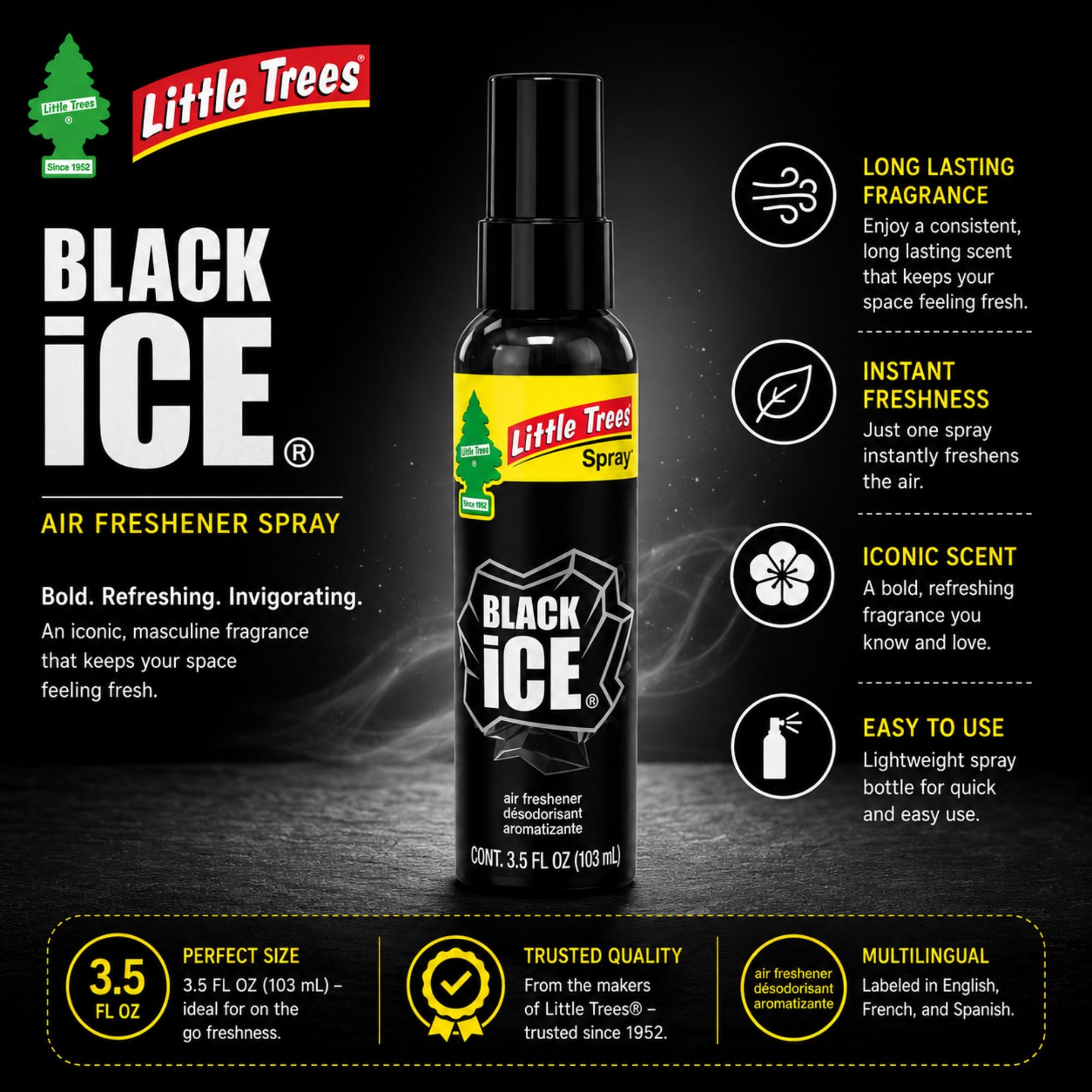 Black Ice Little Trees Long Lasting Air Freshener Spray 3.5oz