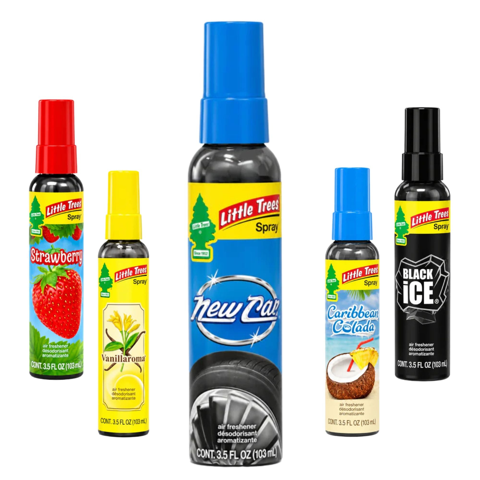 Collection of Little Trees air freshener spray bottles with various scents on a white background.