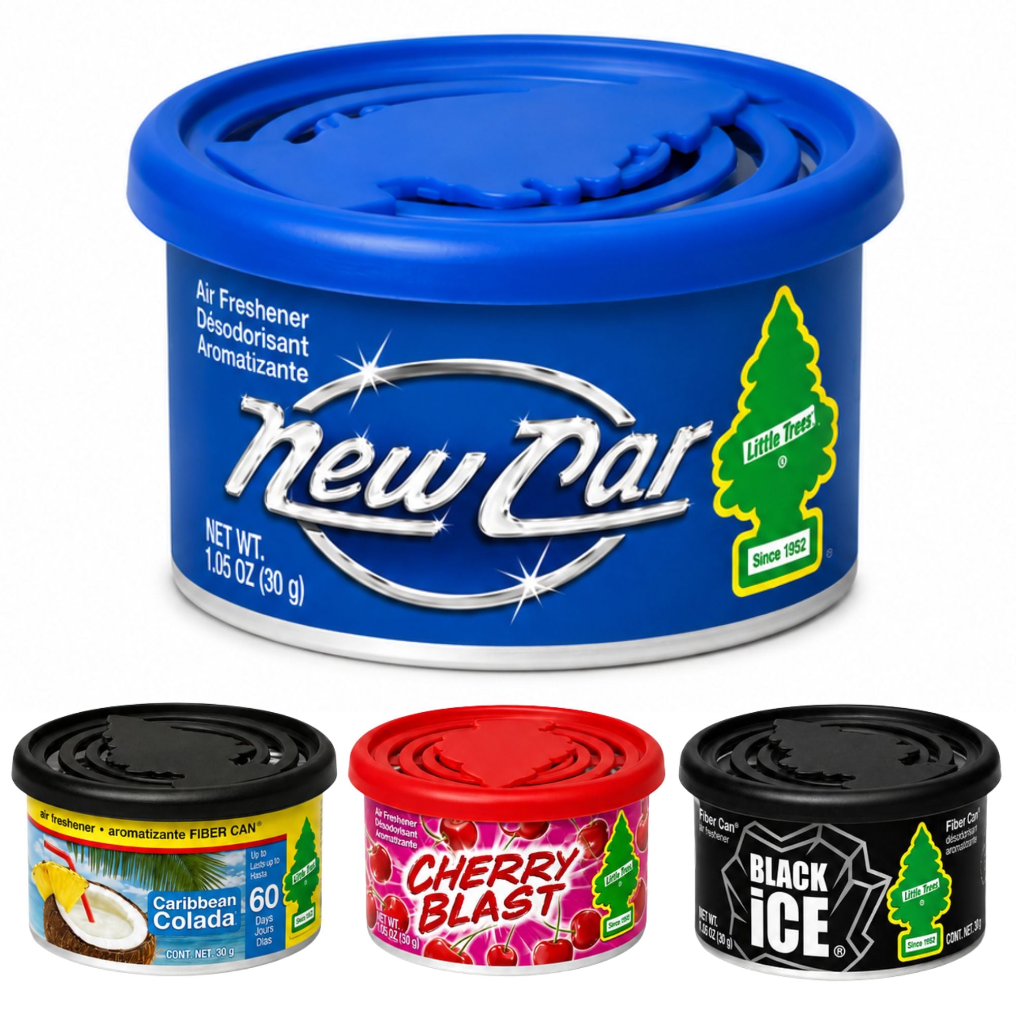 Collection of Little Tree air freshener containers with different scents on a white background