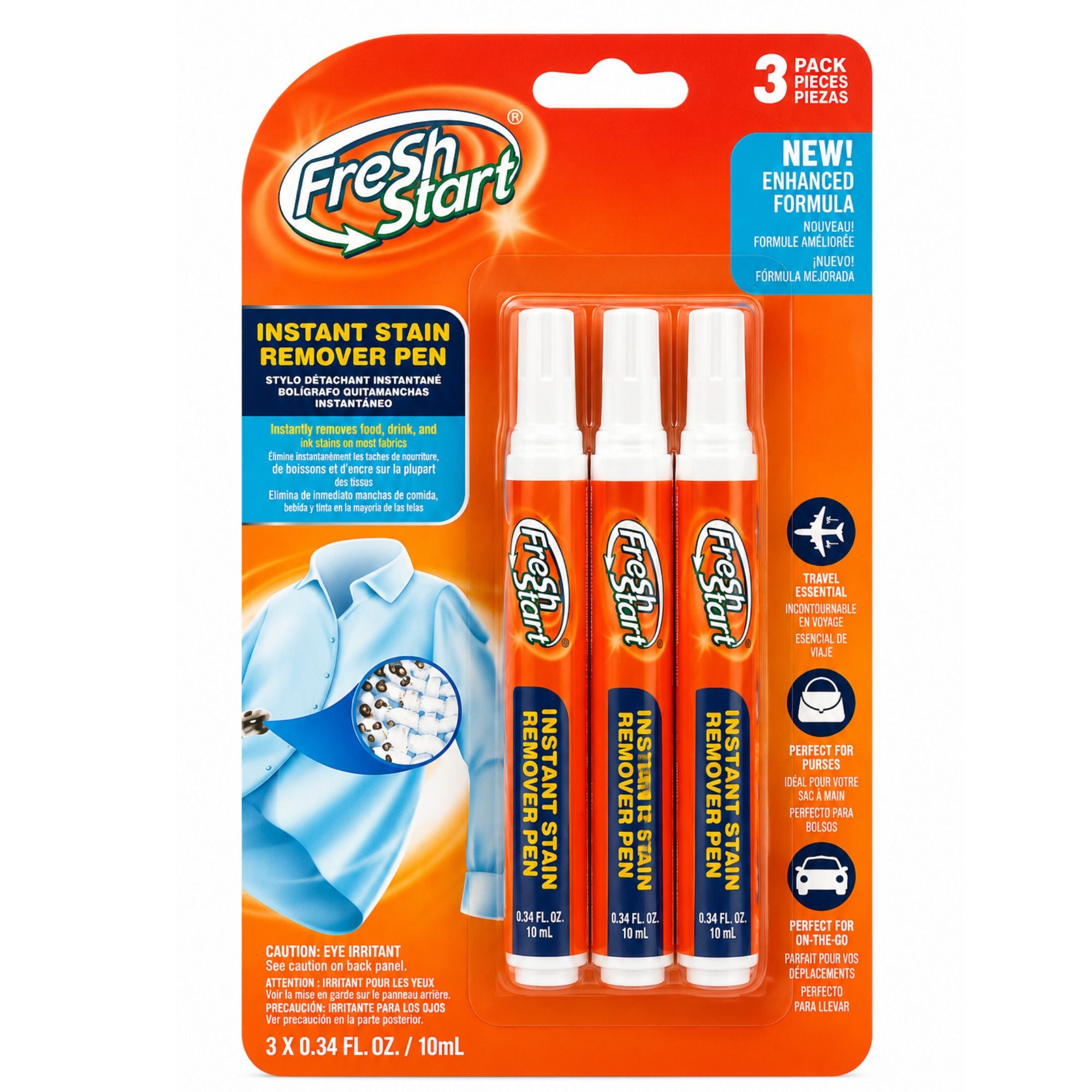 Fresh Start Instant Stain Remover Pen 3-pack in retail blister packaging. The package contains three orange and white spray pens with blue labels, set against a bright orange and blue backing card with product benefits and usage imagery.