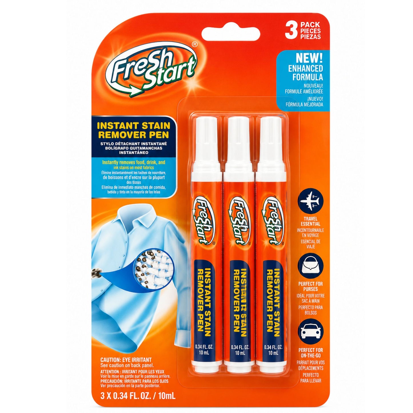 Fresh Start Instant Stain Remover Pen 3-pack in retail blister packaging. The package contains three orange and white spray pens with blue labels, set against a bright orange and blue backing card with product benefits and usage imagery.