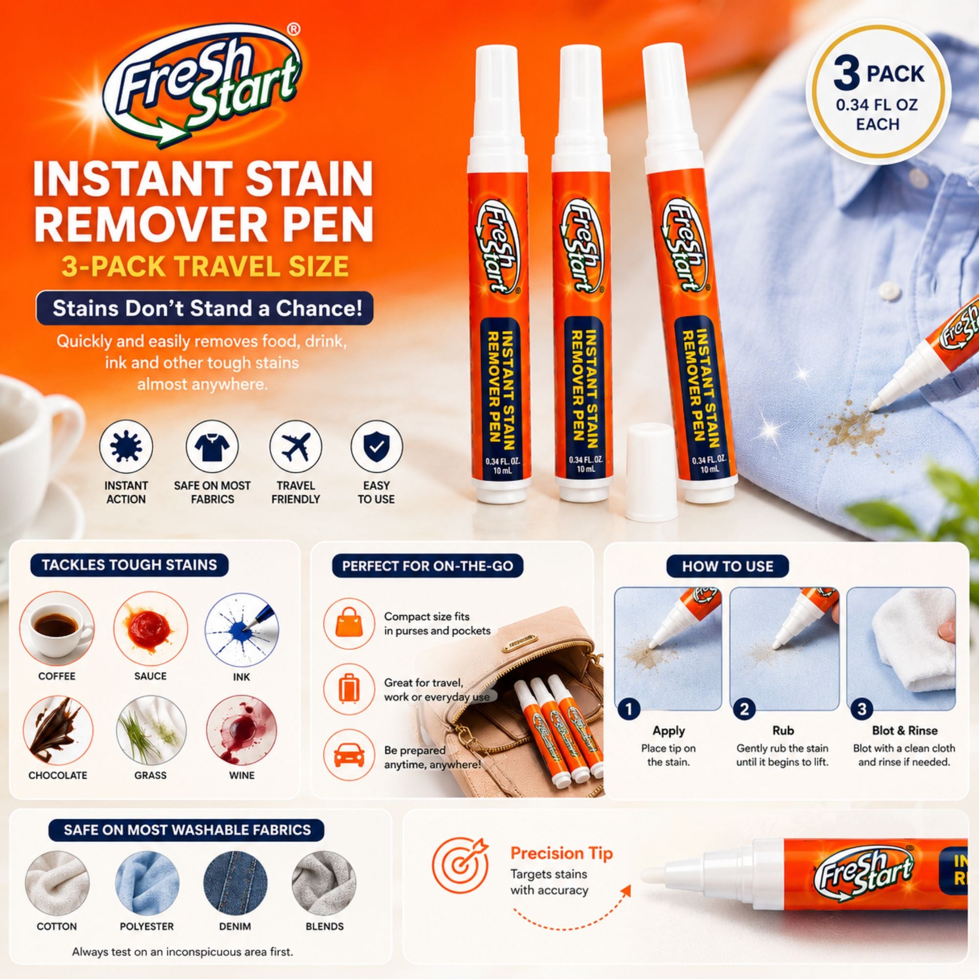 A 3-pack of Fresh Start Instant Stain Remover Pen travel-size tubes shown on an orange promotional background with a close-up of a blue shirt being treated. The image includes product features, usage steps, and a small Fresh Start logo on the pen and packaging.