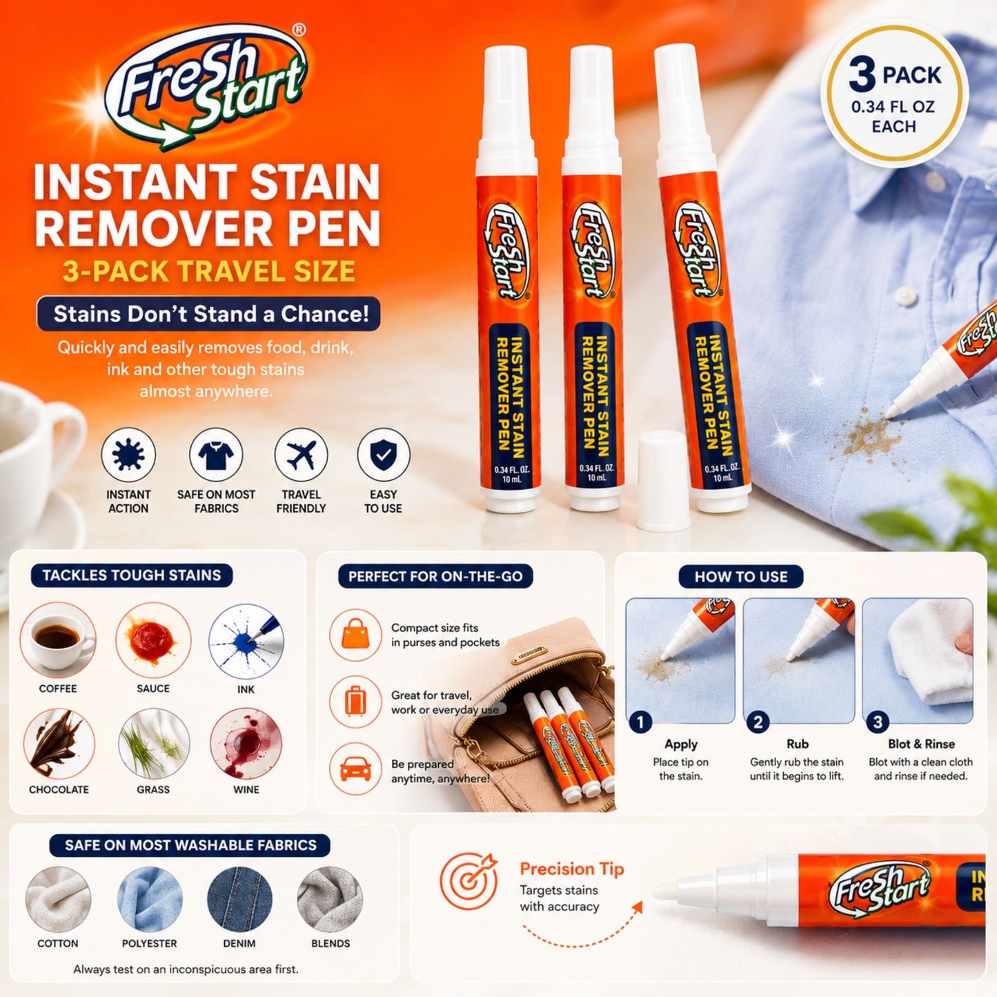 A 3-pack of Fresh Start Instant Stain Remover Pen travel-size tubes shown on an orange promotional background with a close-up of a blue shirt being treated. The image includes product features, usage steps, and a small Fresh Start logo on the pen and packaging.