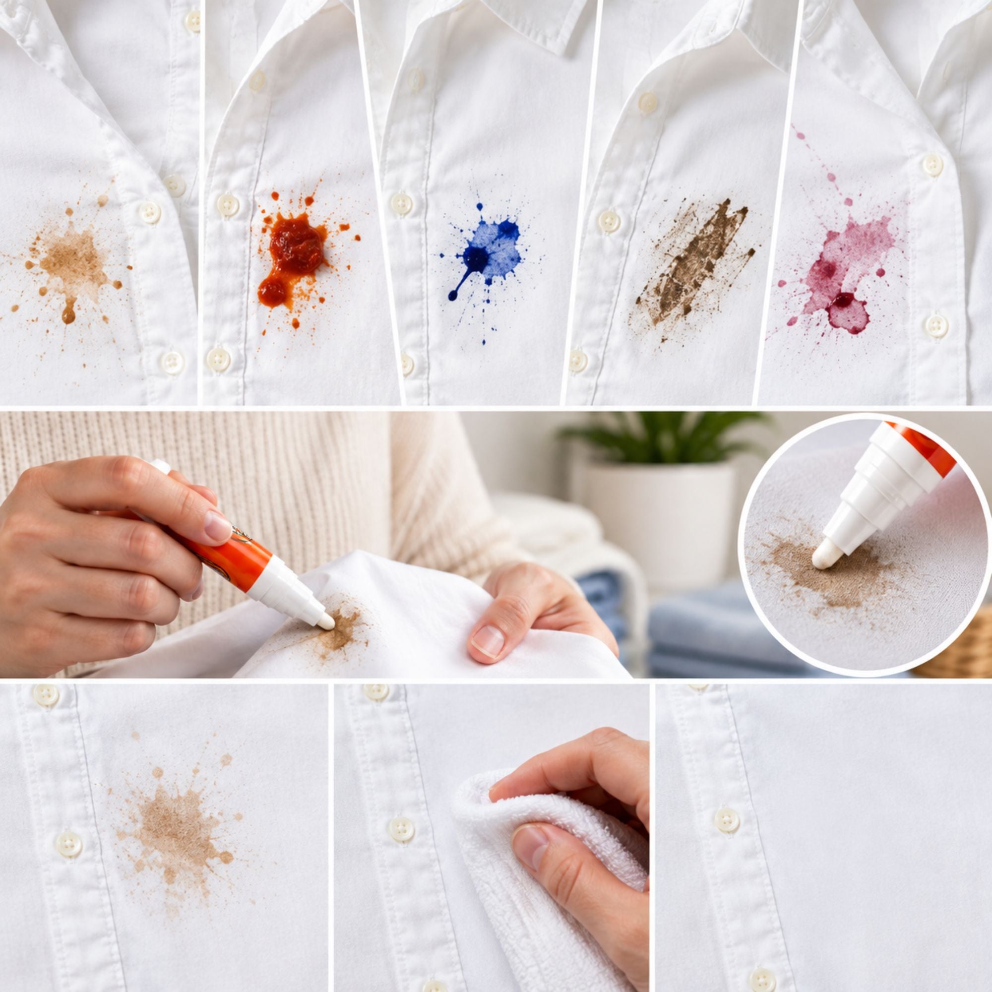A collage showing a white button-up shirt with various colored stains, a hand using an orange-and-white stain-removal pen on a brown spot, and close-ups of the applicator and fabric cleaning.