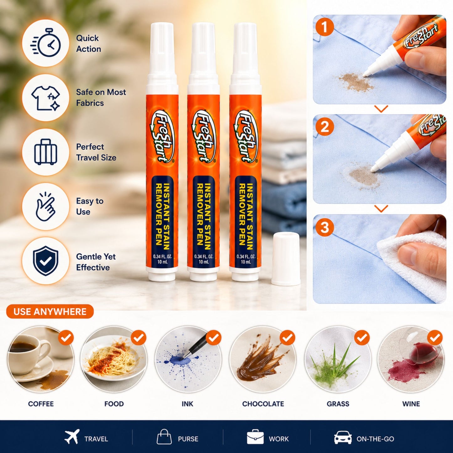 Three orange and white Frixion Instant Paint Remover Pen tubes displayed on a light surface, with a white cap beside them. The image includes feature icons on the left, a three-step application demonstration on the right, and examples of surfaces this remover can clean at the bottom.