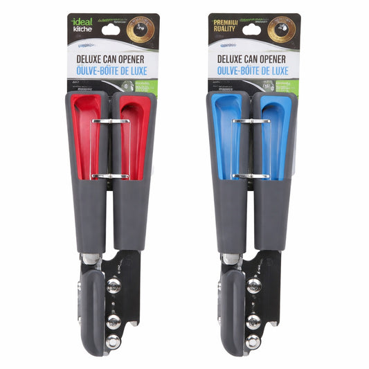 Two deluxe can openers with red and blue handles on their packaging.