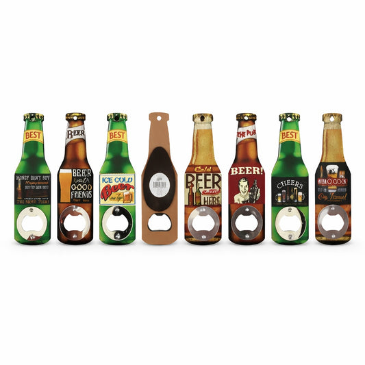 Set of bottle-shaped bottle openers with various designs on a white background