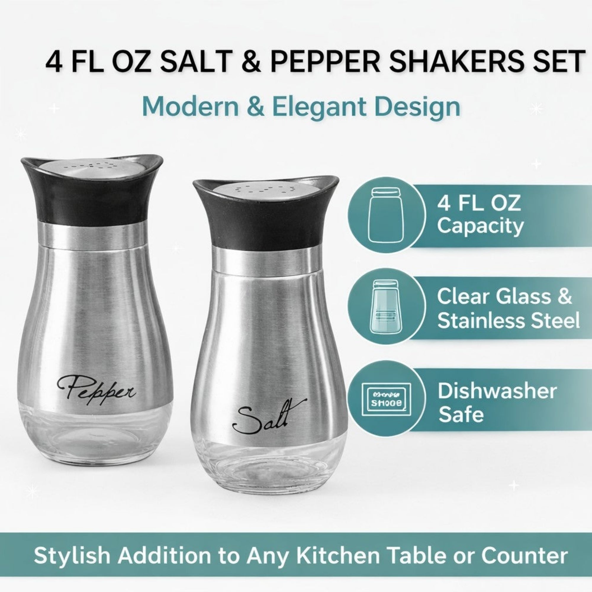 4 FL OZ Salt & Pepper Stainless Steel Glass Salt and Pepper Shakers Set Door Stops product detail image