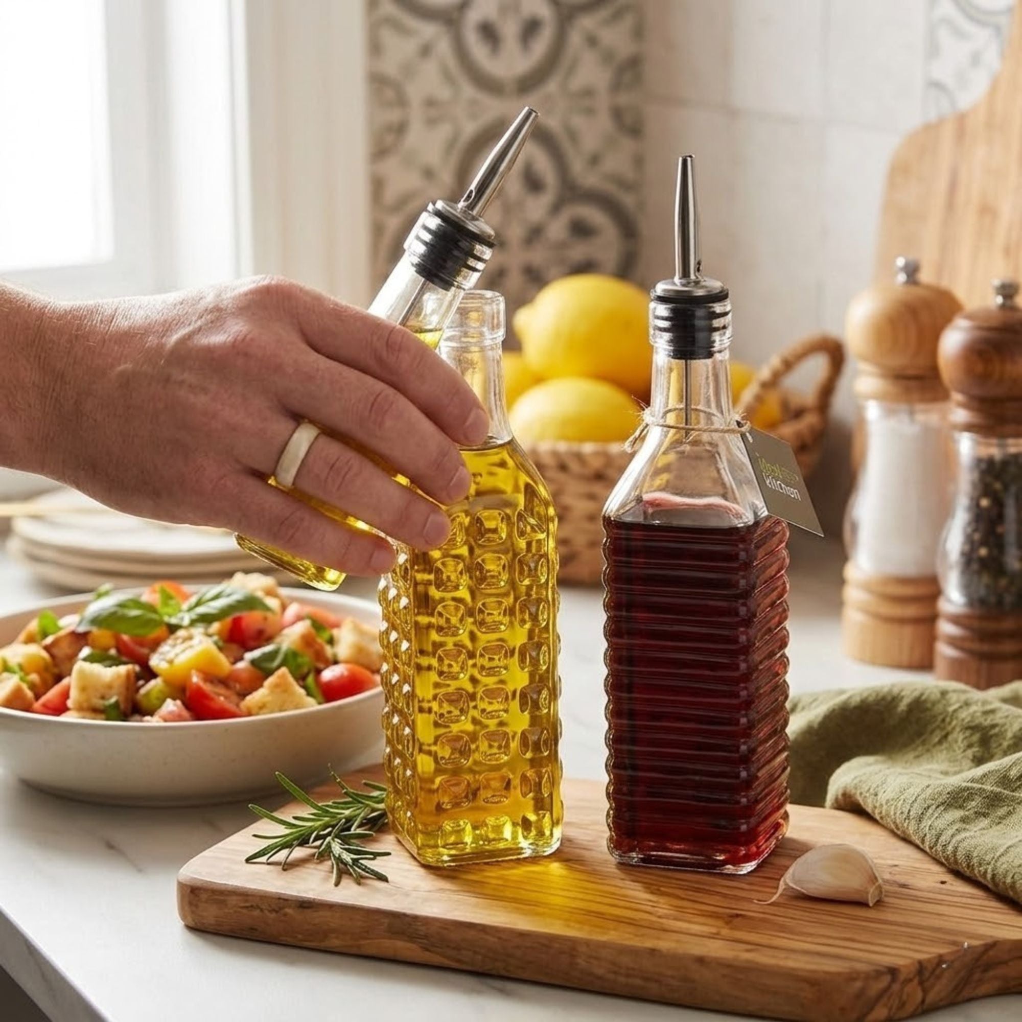 2 Pack Ideal Kitchen Glass Dispenser Set for Oils & Vinegar Oil & Vinegar Dispenser Set lifestyle use image