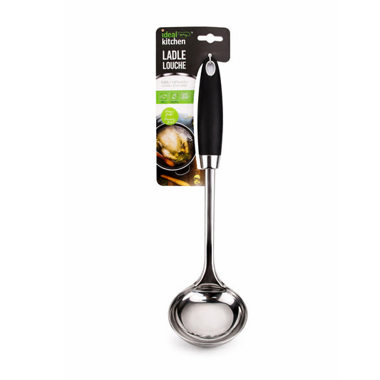 Metallic ladle with black handle on a white background