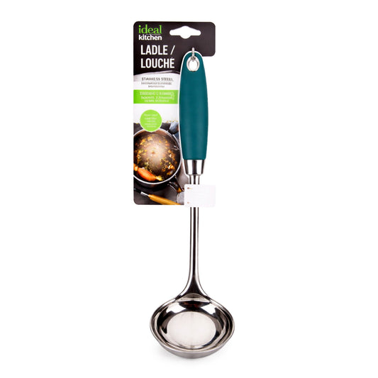 Metallic ladle with teal handle on a white background, featuring 'ideal kitchen' packaging.