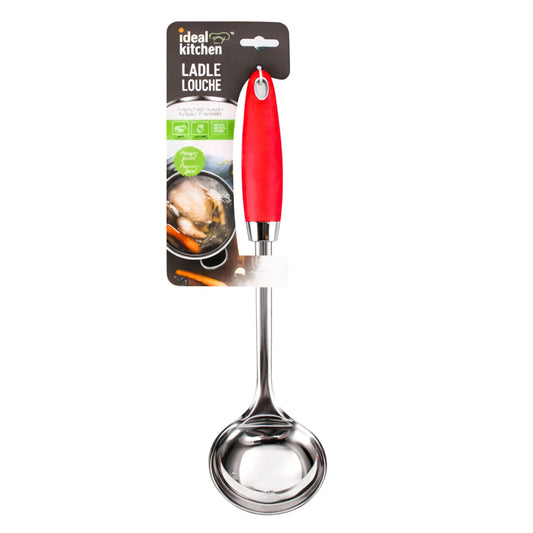 Red-handled ladle with packaging labeled 'ideal kitchen' on a white background