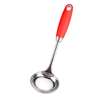 Metallic ladle with a red handle on a white background