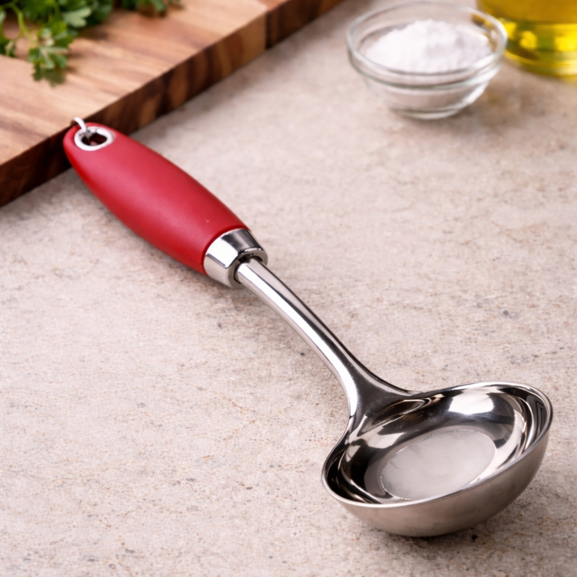 12" Ideal Kitchen Red Stainless Steel Ladle 12" Utensils lifestyle use image