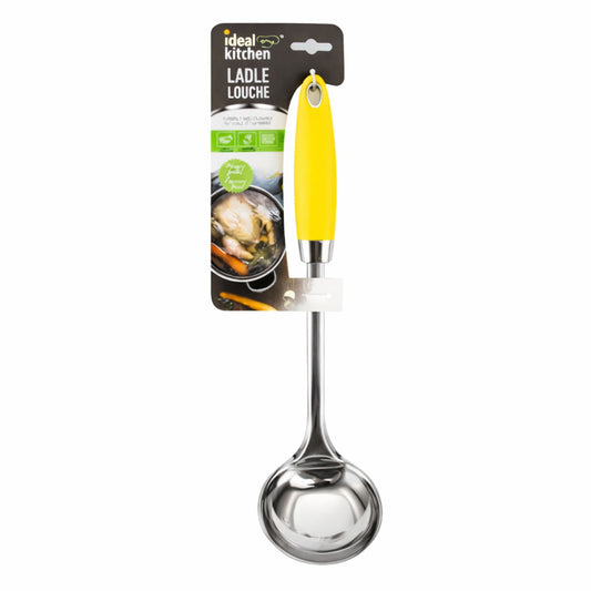 Stainless steel ladle with yellow handle on a white background