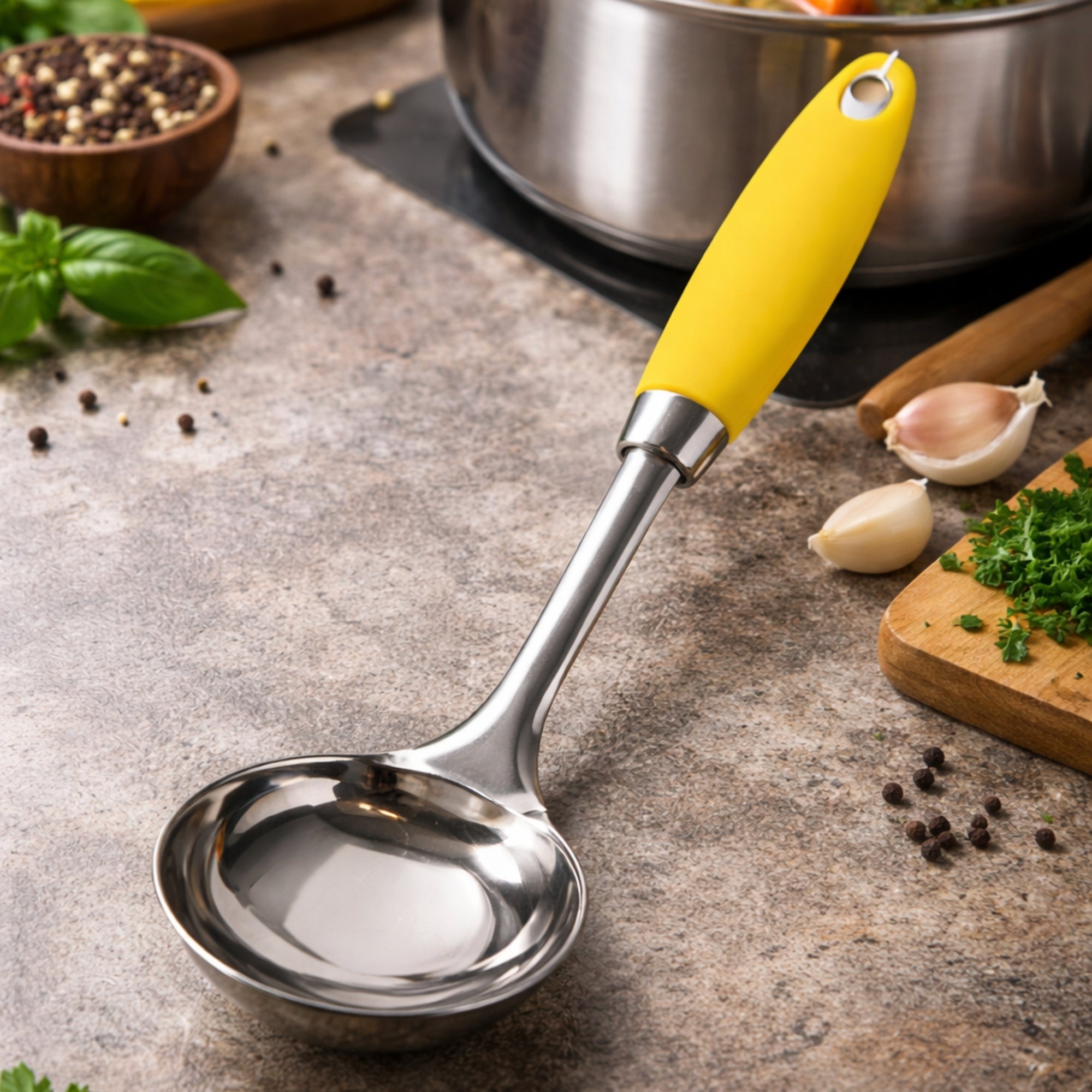 12" Ideal Kitchen Yellow Stainless Steel Ladle 12" Utensils lifestyle use image