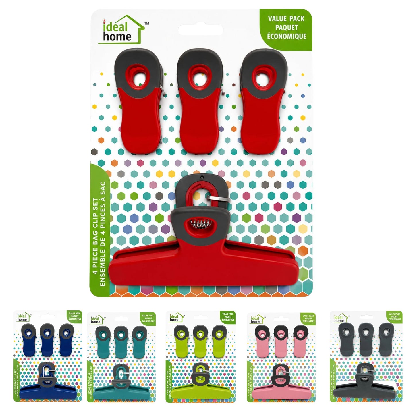 Red bag clips on a colorful polka dot background with 'ideal home' branding.