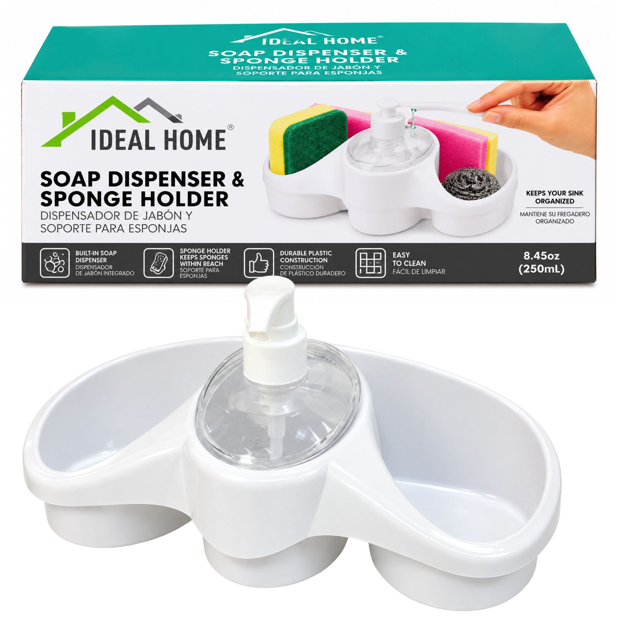 Ideal Home soap dispenser and sponge holder set shown with its retail box. The product is a white plastic multi-compartment holder with a central clear pump bottle filled with liquid soap.
