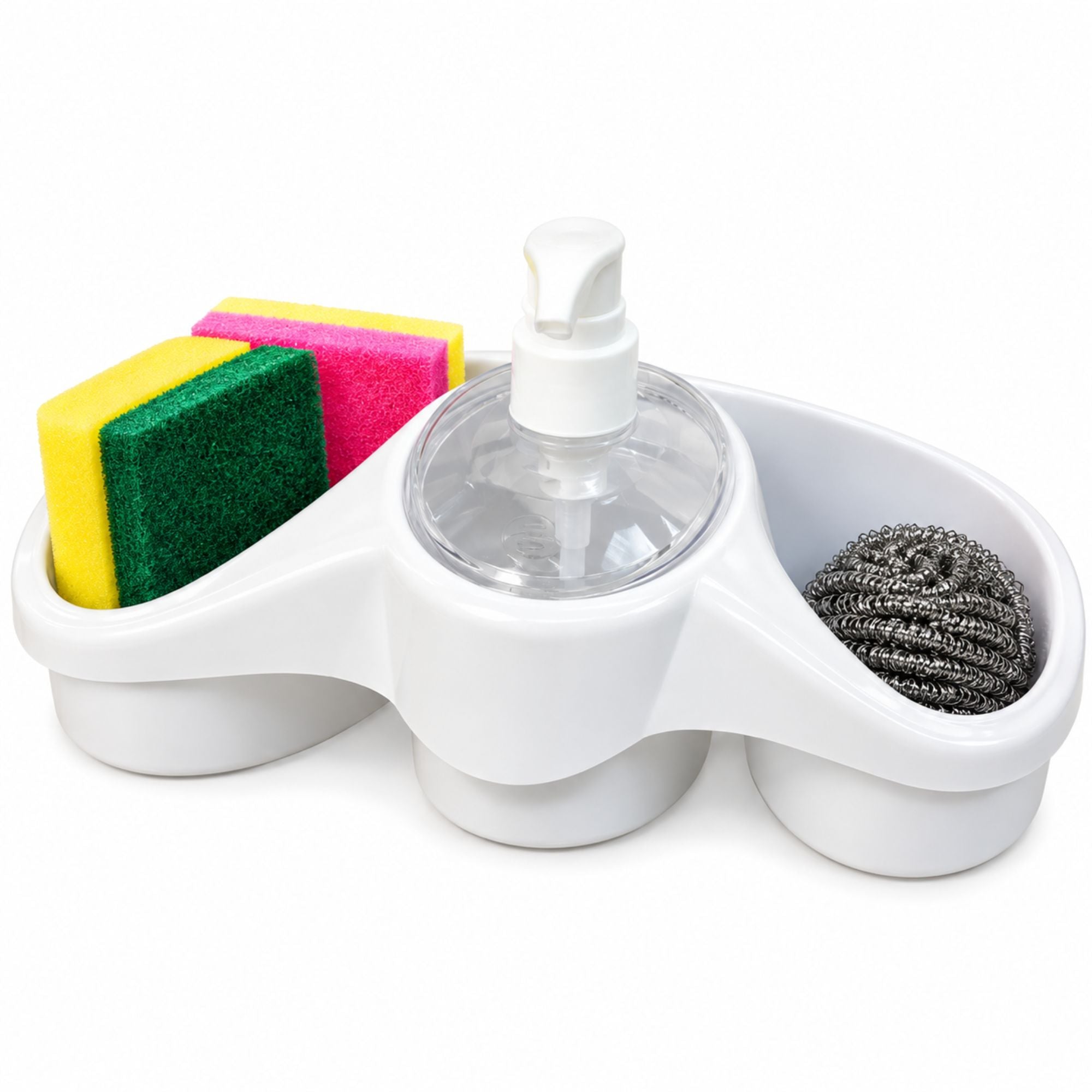 A white three-compartment sink organizer tray holding a clear pump bottle, two cleaning sponges in yellow, green, and pink, and a steel wire scrubber, on a white background.