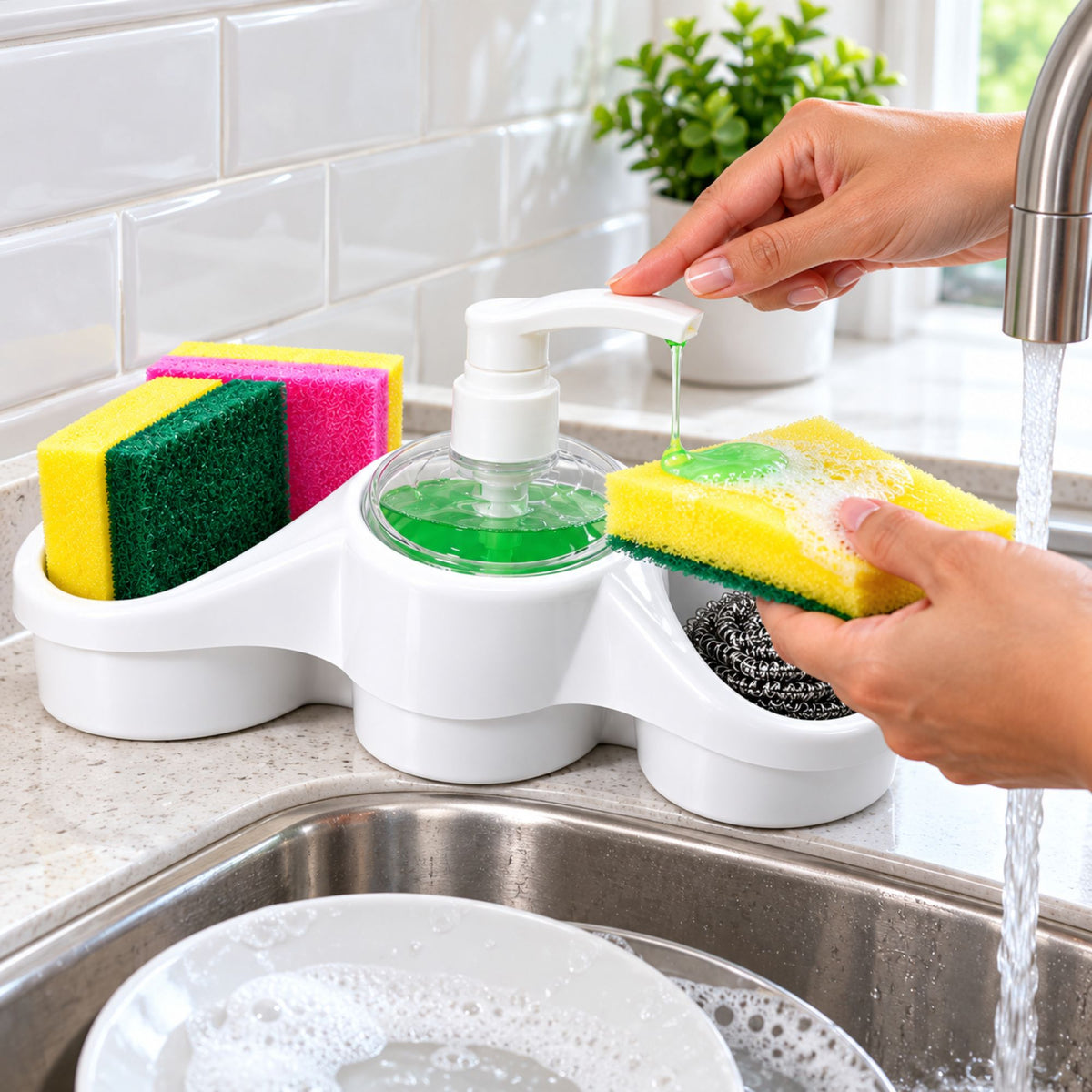 A white kitchen sink sponge holder with integrated soap dispenser and sponge racks, shown in use with colorful sponges and a hand washing dishes under running water.