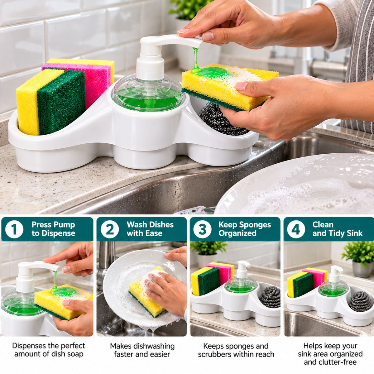 A white sink-mounted dish soap dispenser with integrated sponge holders, shown in a kitchen sink with a person washing yellow and green sponges. The top panel demonstrates dispensing soap, and the bottom panel shows four step-by-step usage benefits: dispense soap, wash dishes, keep sponges organized, and clean the sink.