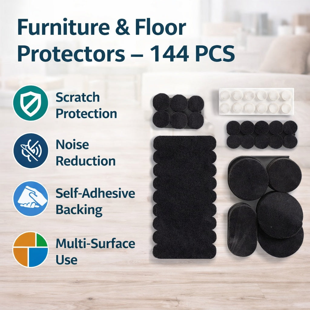 Set of furniture and floor protectors with features listed on a wooden surface.