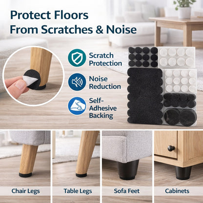 Furniture protectors with text highlighting features and usage scenarios.