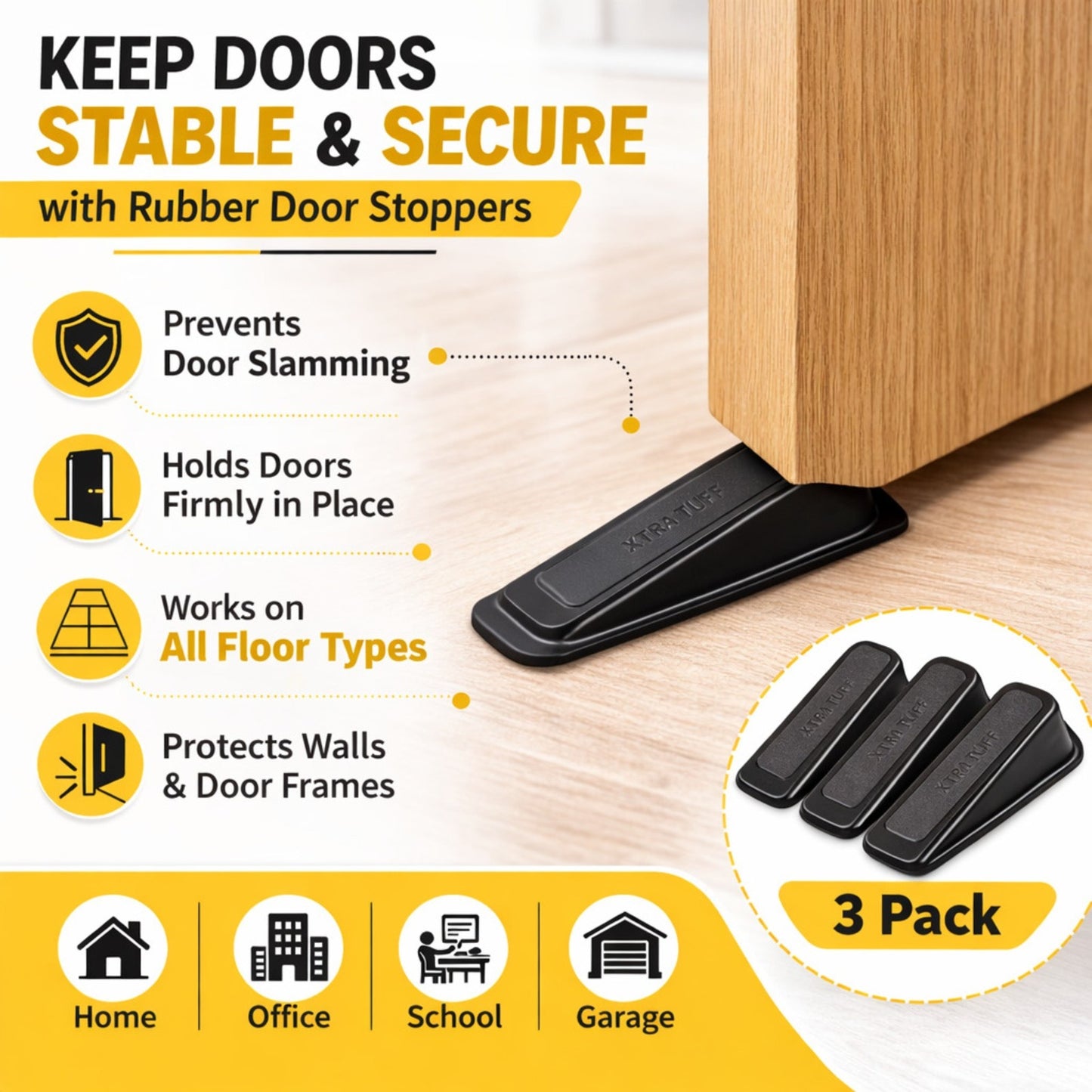 3 PC Rubber Door Stoppers Heavy Duty Non-Slip Door Wedges for Floors