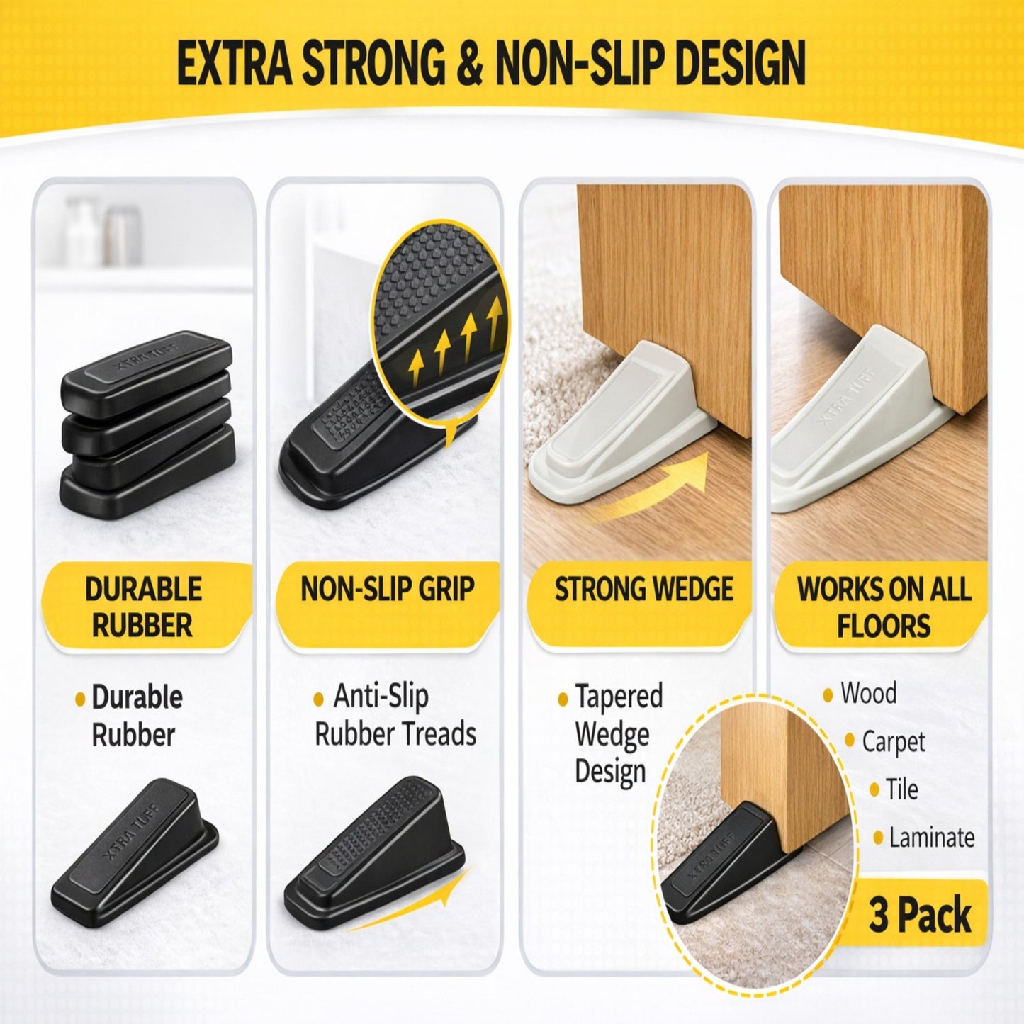 3 PC Rubber Door Stoppers Heavy Duty Non-Slip Door Wedges for Floors