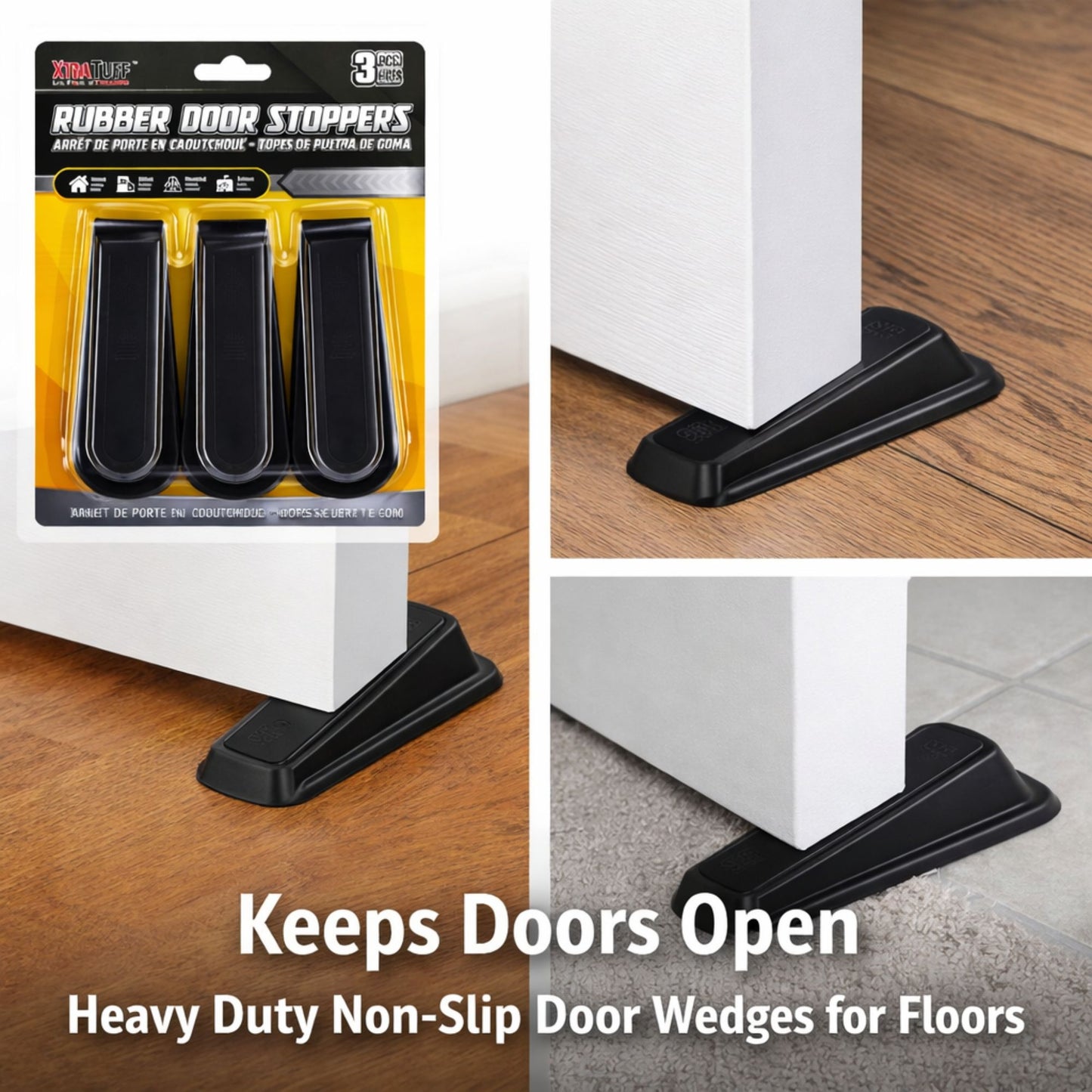 3 PC Heavy Duty Rubber Door Stoppers Non Slip Door Wedges for Floors Door Stops product image 6