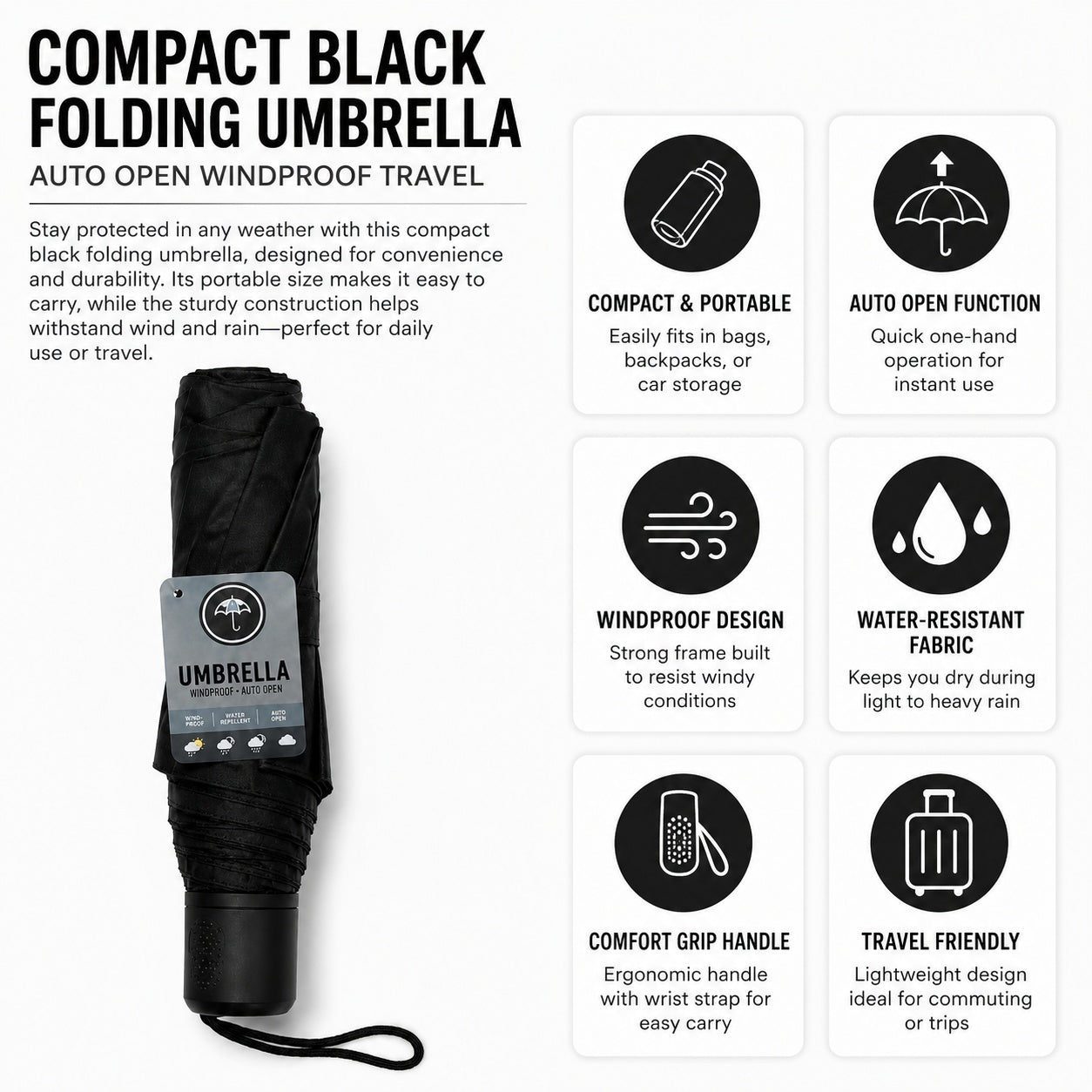 Compact Black Folding Umbrella Auto Open Windproof Travel
